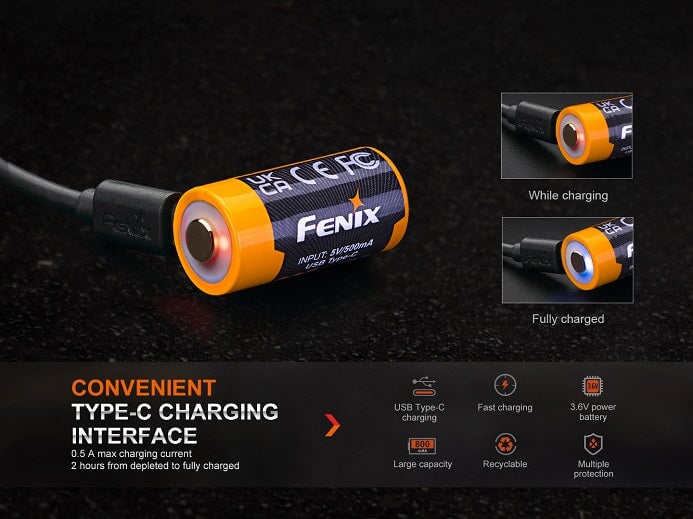 Fenix ARB-L16 800UP USB rechargeable LI-ION 16340 Battery FlashLightWorld Canada 