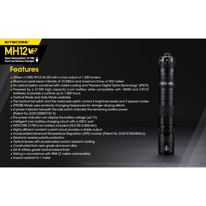 Nitecore MH12 v2 1200 Lumen USB-C Rechargeable Flashlight with 5000mAh Battery Flashlight Nitecore 